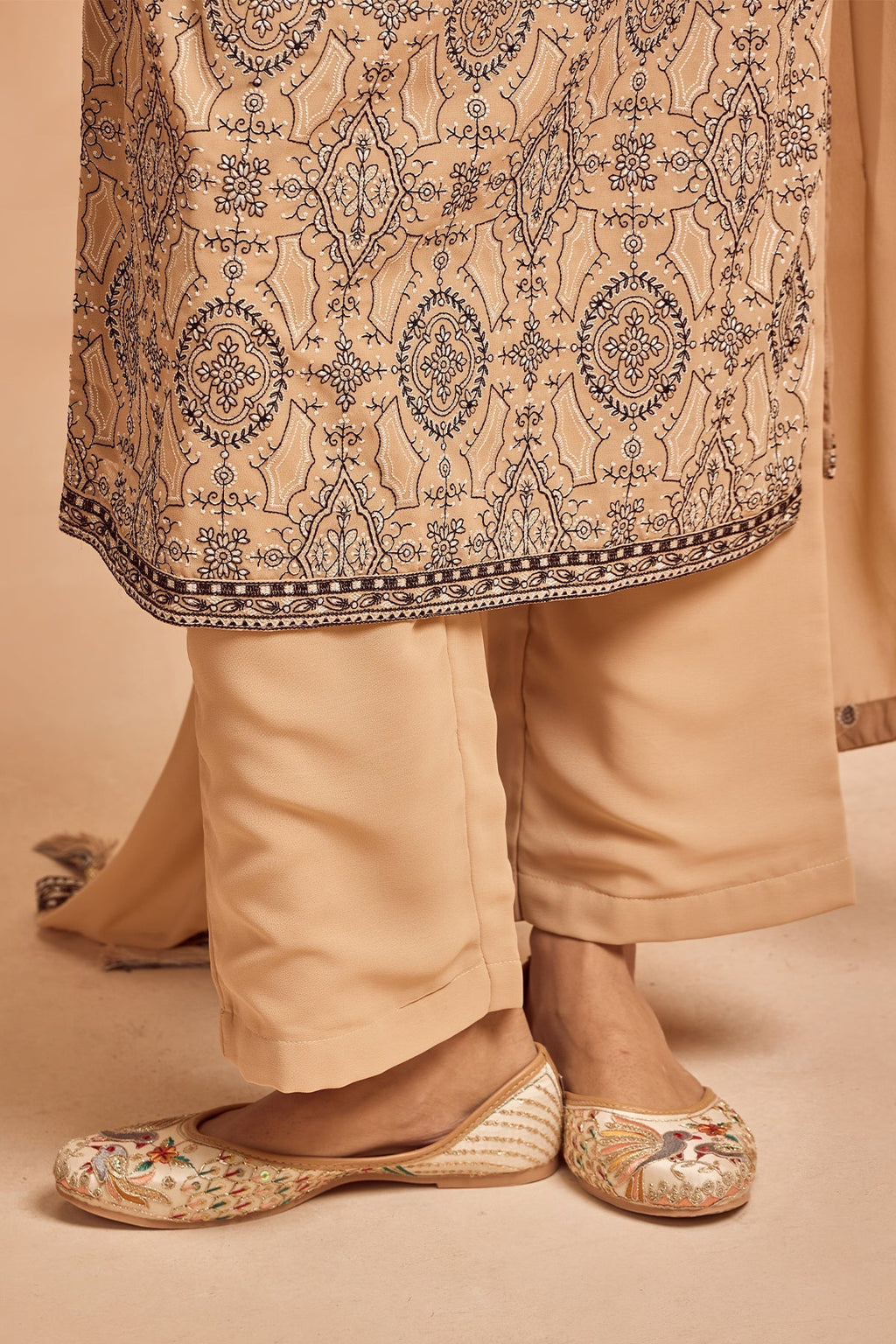 Beige Embroidered Kurta 3 Pcs Set