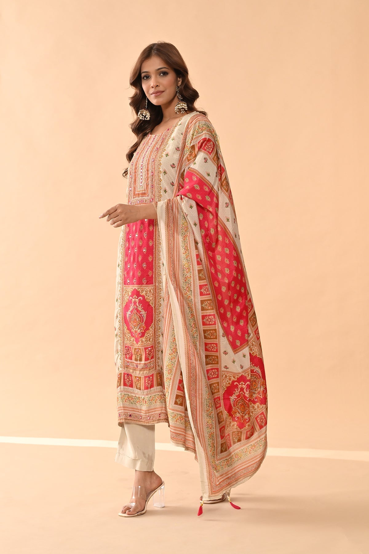 Beige Embellished Kurta 3 Pcs Set
