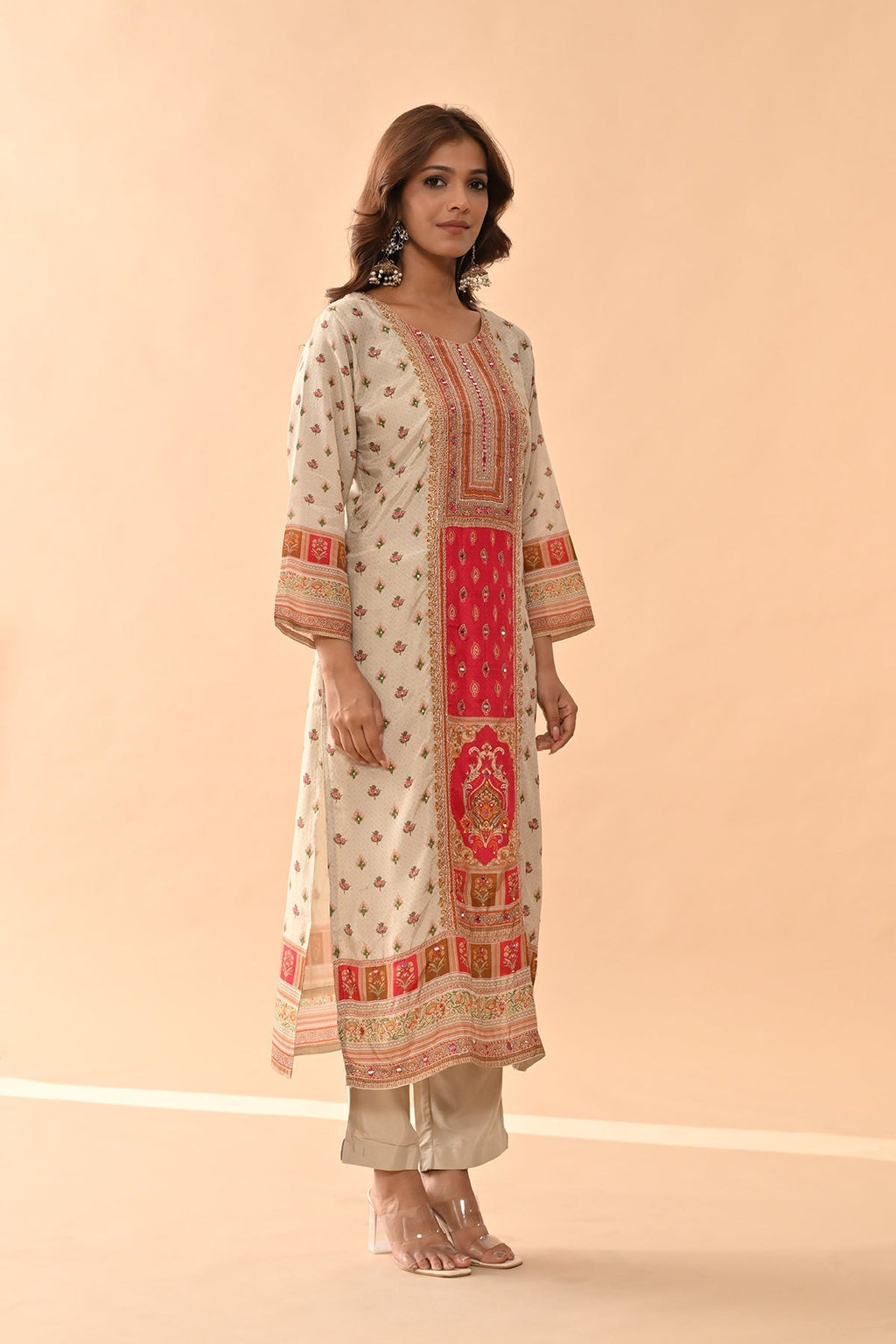 Beige Embellished Kurta 3 Pcs Set