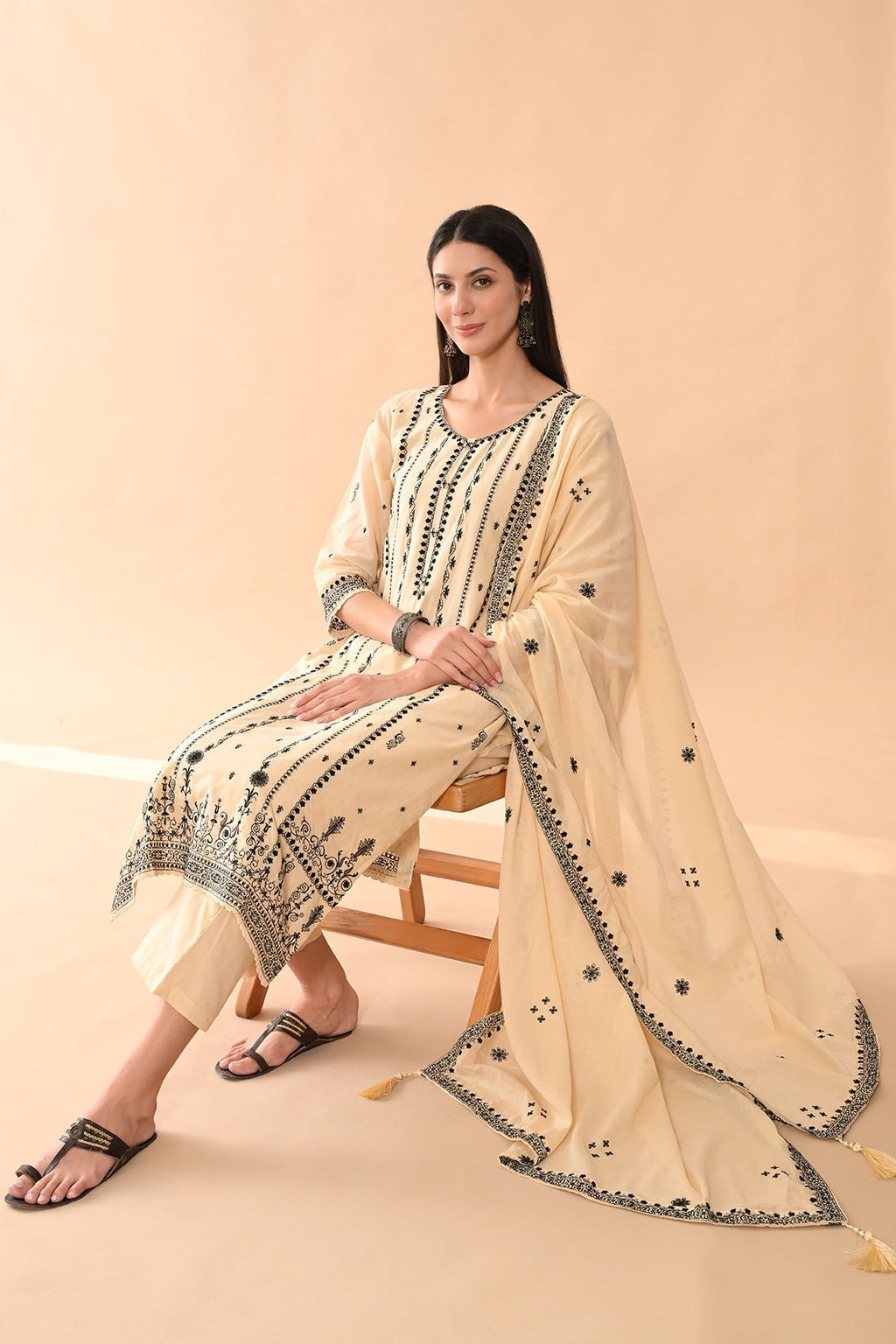 Beige Embroidered Kurta 3 Pcs Set