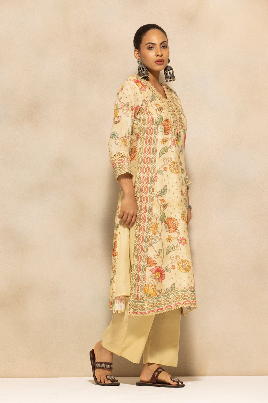 Beige Embellished A-line Kurta 3 Pcs Set