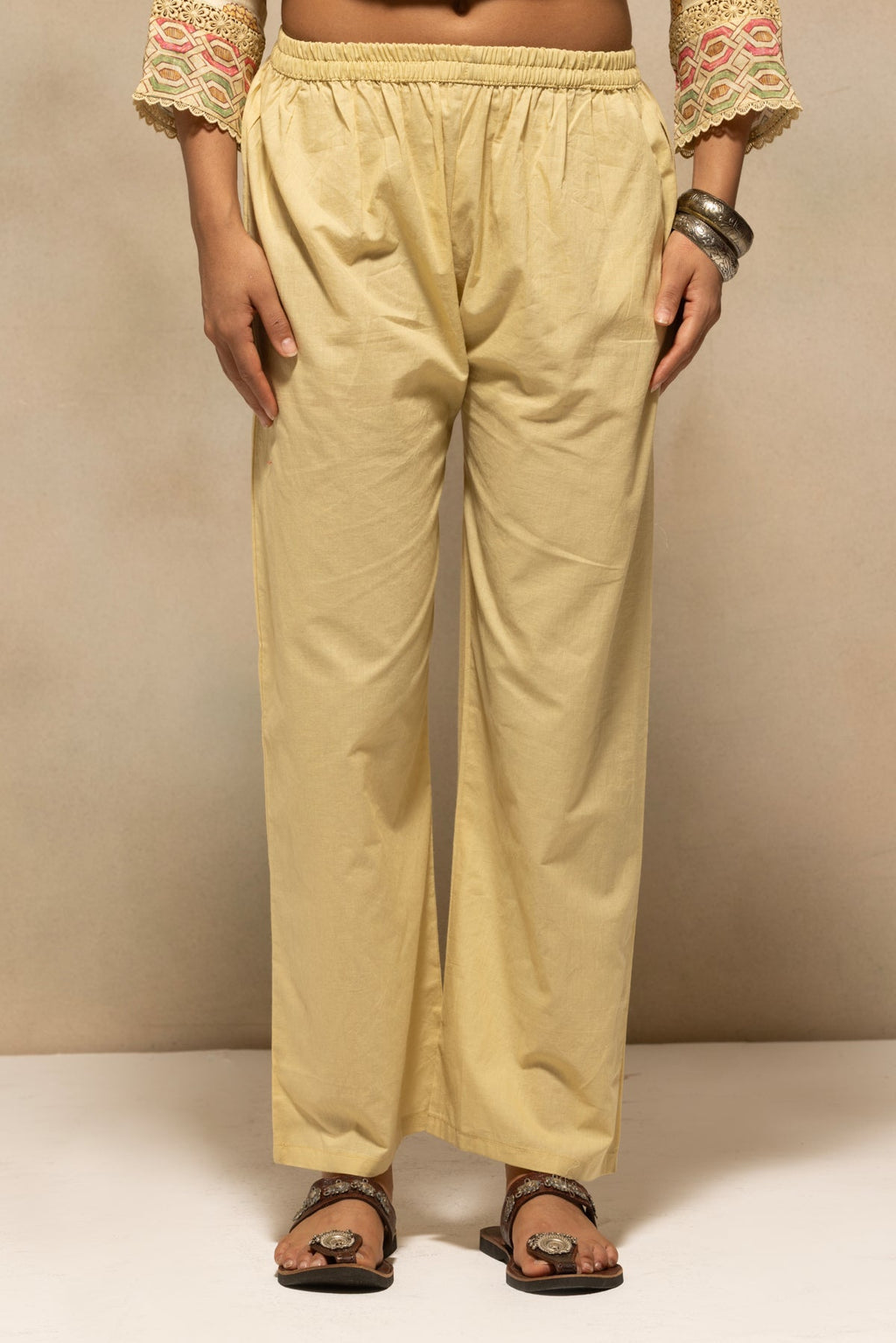 Beige Embellished A-line Kurta 3 Pcs Set